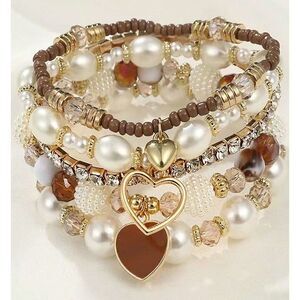 5pc Pearl & Crystal Beaded Bracelet Set Heart Pendant Stretch Mult Layer Chunky